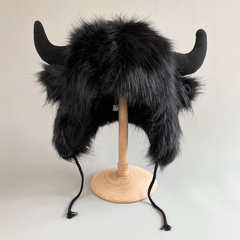 Big black cow Mao Mao Lei Feng hat for men and women, warm ears in winter, personalized windproof and cold-proof riding electric vehicle cotton hat_voghion.com