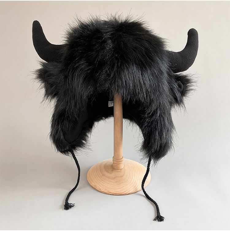 Big black cow Mao Mao Lei Feng hat for men and women, warm ears in winter, personalized windproof and cold-proof riding electric vehicle cotton hat_voghion.com