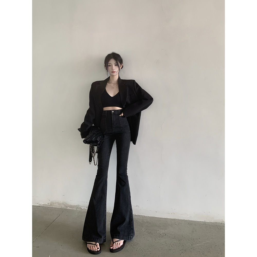 黑色牛仔褲女秋季新款微喇拖地長褲彈力高腰緊身顯瘦闊腿喇叭褲子