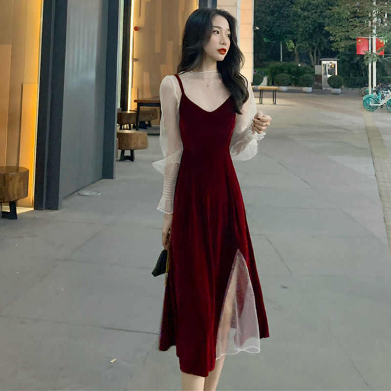 兩件套連衣裙女春秋新款性感套裝透視閃閃亮片打底衫+絲絨吊帶裙