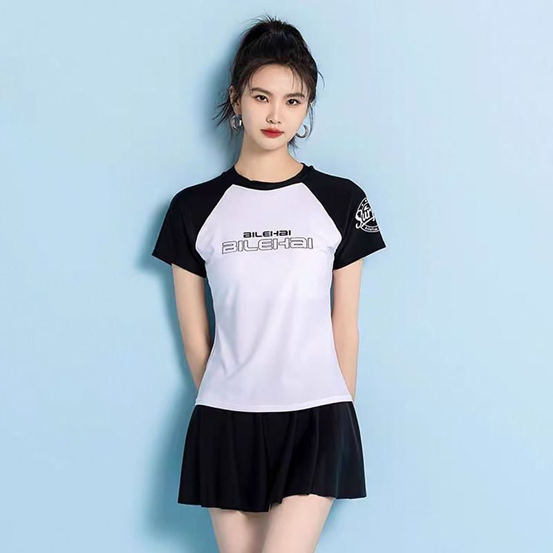 Korean version of sexy split swimsuit student lady skirt boxer college style sports high waist slimming hot spring swimming suit