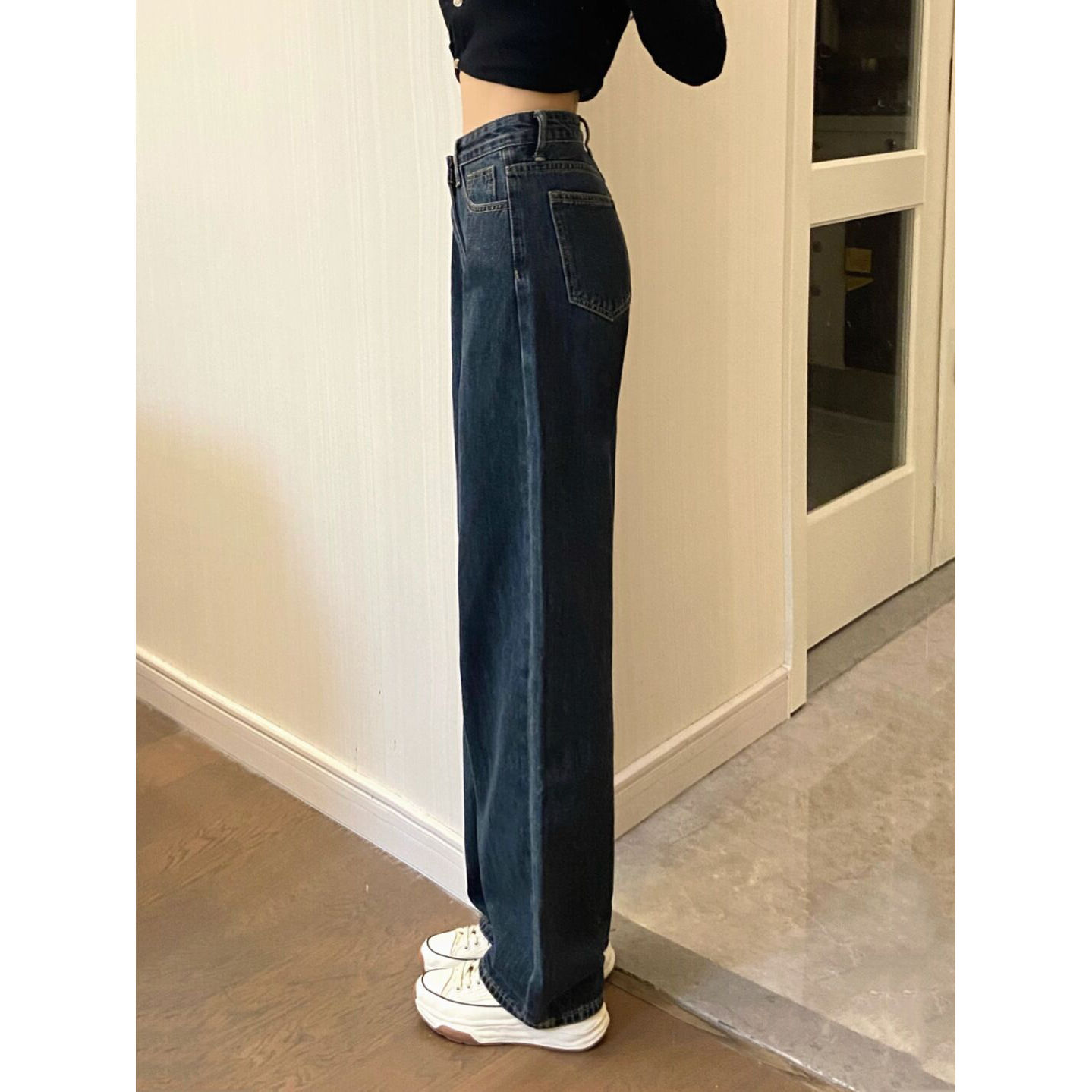 深蓝色牛仔裤女小众设计感秋季新款小个子高腰直筒美式vibe阔腿裤