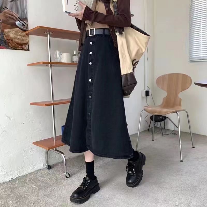 Large size fat mm spring and autumn new belly-covering skirt pear-shaped high-waisted skinny denim skirt women's a-line long skirt