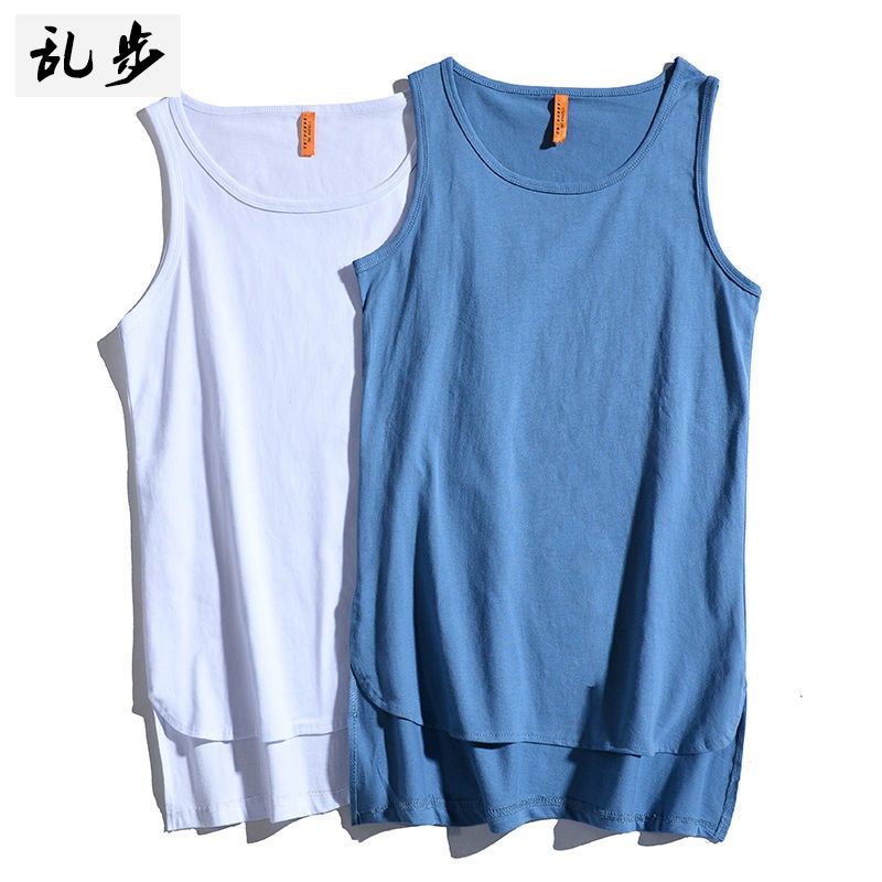 European and American style high street Kanye West Bieber trendy brand mid-length cotton vest men's short front and back long slit solid color bottoming shirt