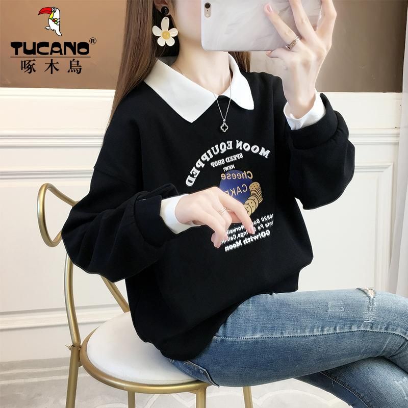 啄木鳥衛衣女春季2023新款韓版寬鬆設計感小眾翻領假兩件爆款上衣
