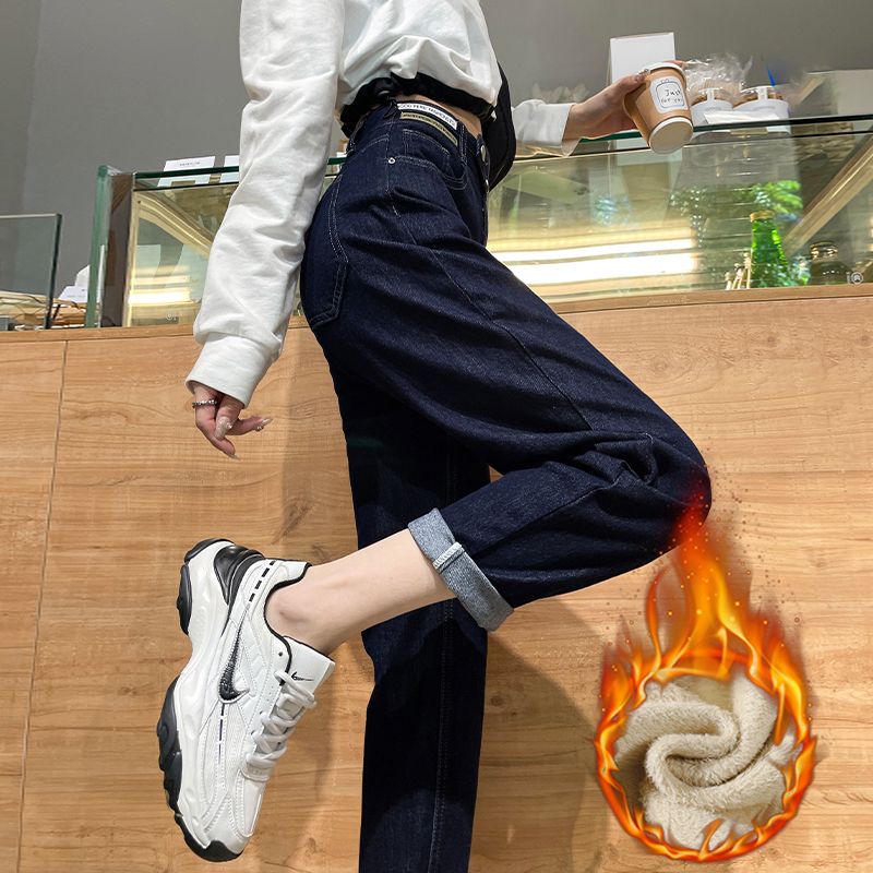 深藍色加絨哈倫牛仔褲女秋冬季2022年新款高腰顯瘦蘿蔔老爹褲子女