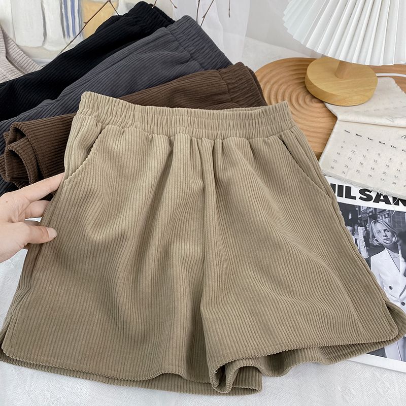 2023 autumn and winter plus size corduroy shorts for fat mm women's high-waist slim outer wear wide-leg pants for small people casual boot pants