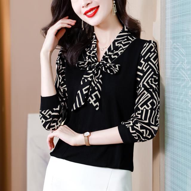2023春秋季新款假兩件長袖打底衫女百搭減寬鬆遮肚洋氣小衫上衣女