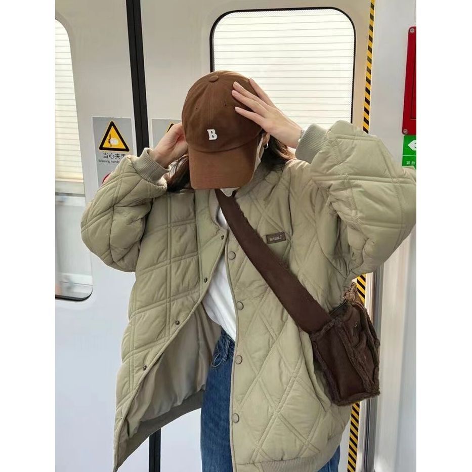 慵懶風設計感菱形外套女棉襖冬季加厚小眾寬鬆歐美式棉衣棒球棉服