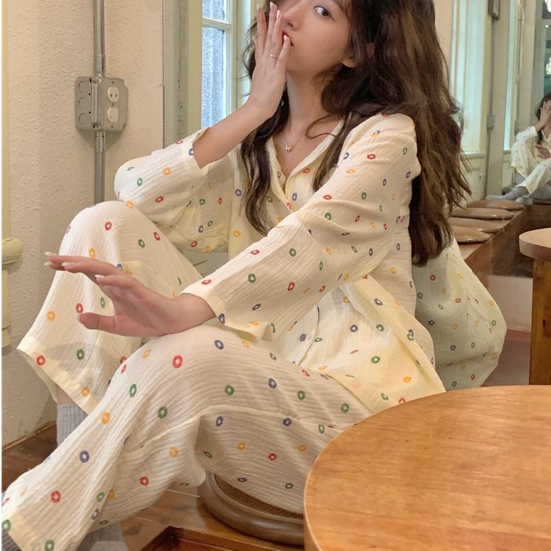 Sweet ruffled bowknot floral pajamas women's spring and autumn new long-sleeved trousers girl home service two-piece suit