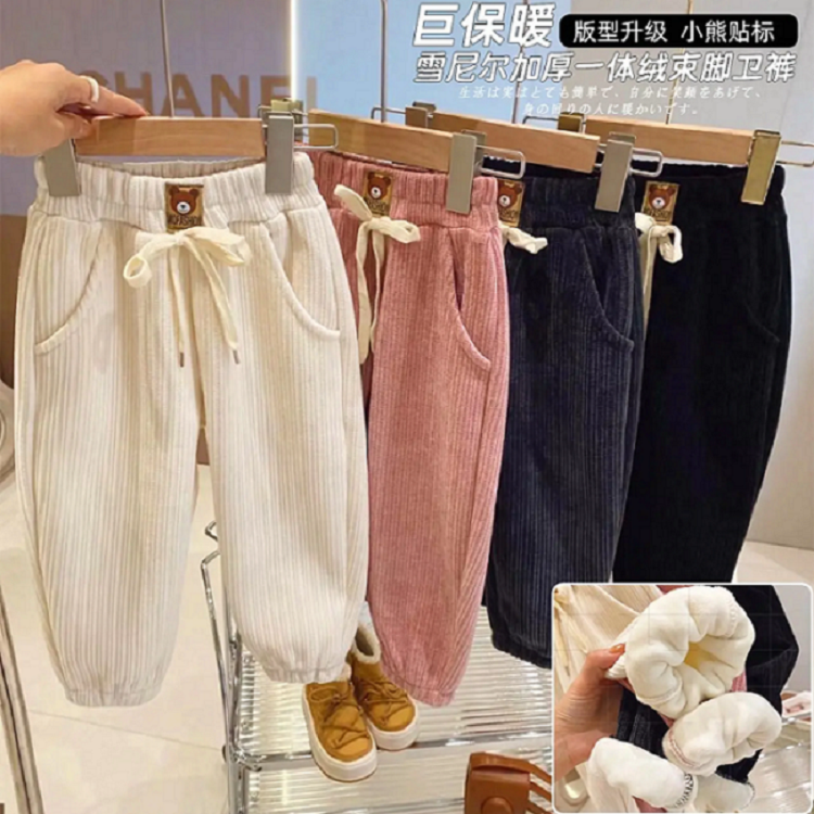 高定硬核貨hhkids女童小熊貼標雪尼爾加厚一體絨衛褲幼兒園神褲子