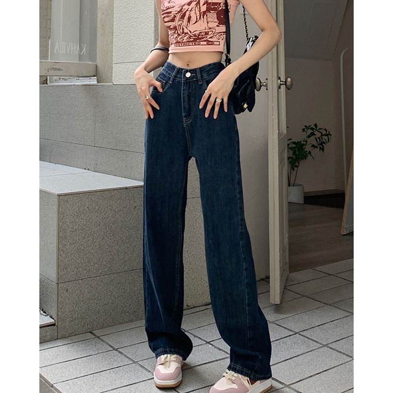 秋季復古港風寬鬆顯瘦深藍色牛仔褲女高腰小個子闊腿褲子直筒長褲