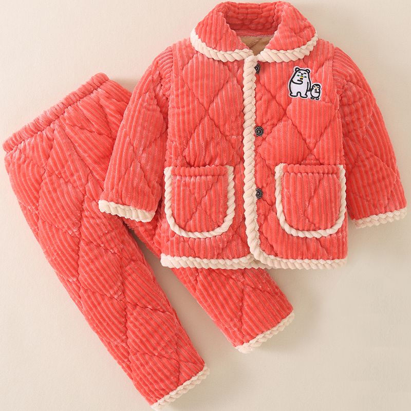 冬季儿童睡衣加厚法兰绒家居服套装男童小女孩三层夹棉加绒珊瑚绒