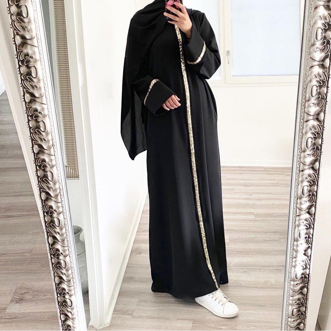 New Malaysia cross-border Muslim women's robe stitching trim sequined dress Muslim abaya