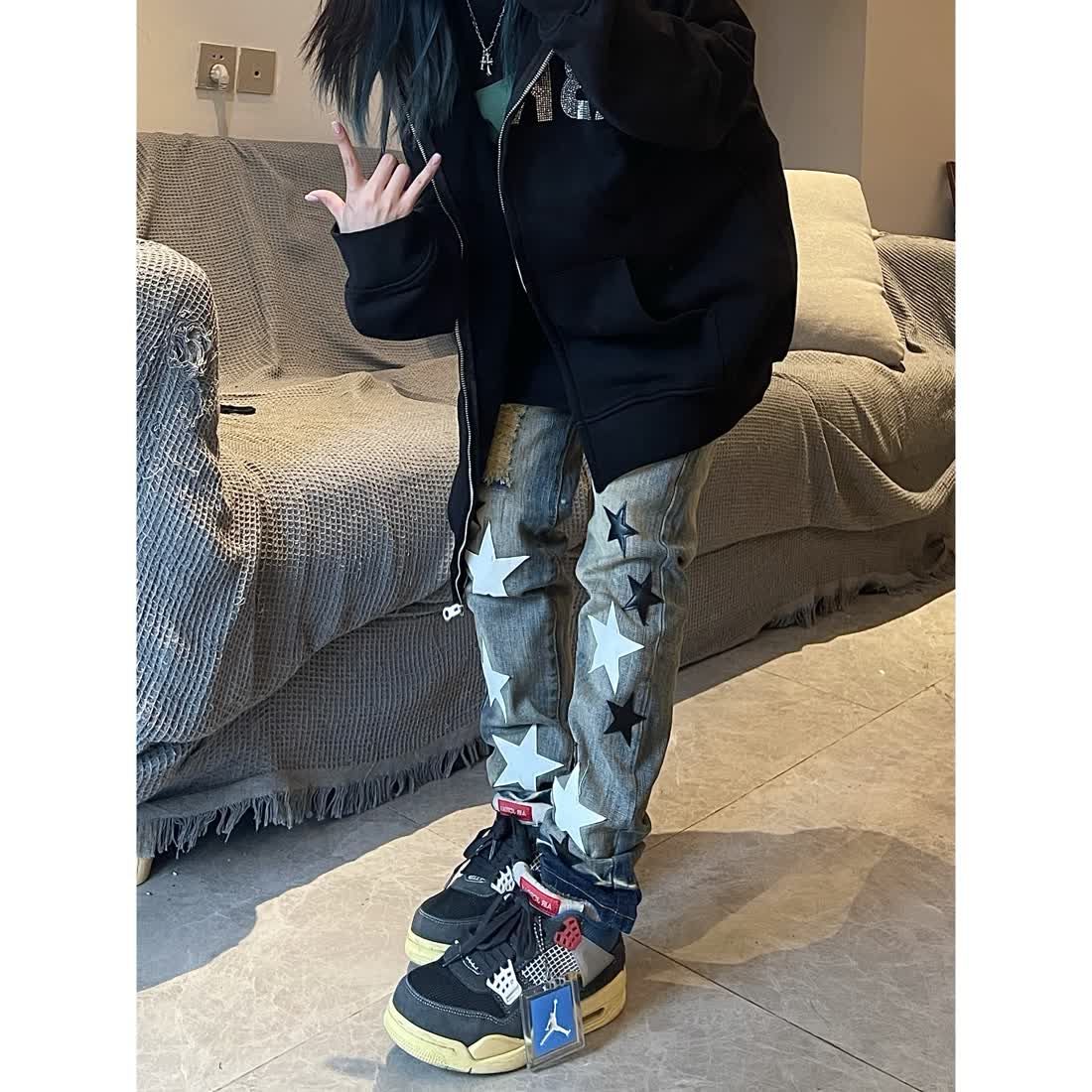 PU皮刺繡五角星牛仔男女美式高街小眾設計感修身直筒破洞休閒長褲