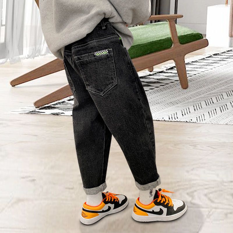 2023 Spring and Autumn New Boys' Pants Children's Jeans Medium and Big Boys Korean Version Autumn and Winter Thickened All-in-One Fleece Casual Pants