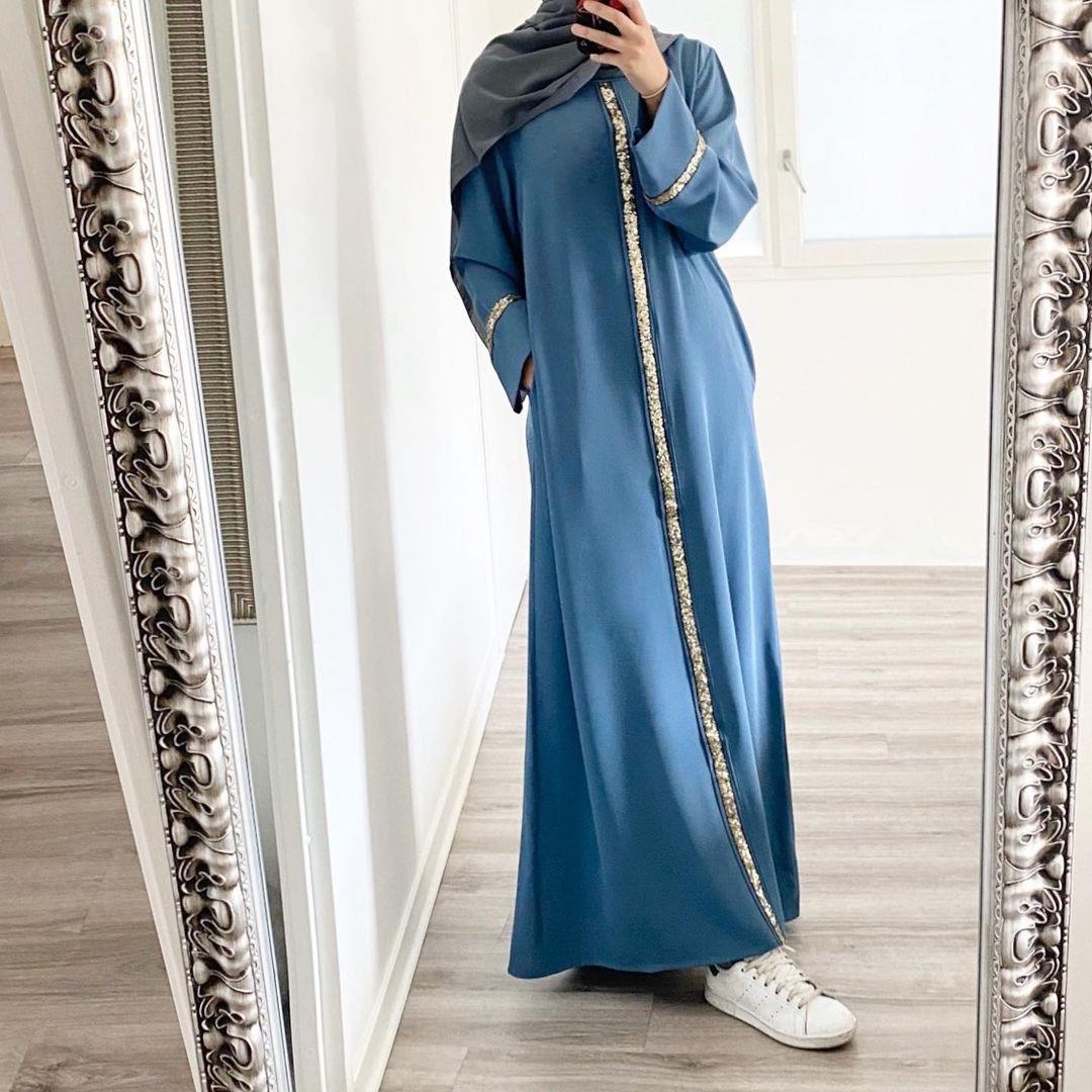 New Malaysia cross-border Muslim women's robe stitching trim sequined dress Muslim abaya