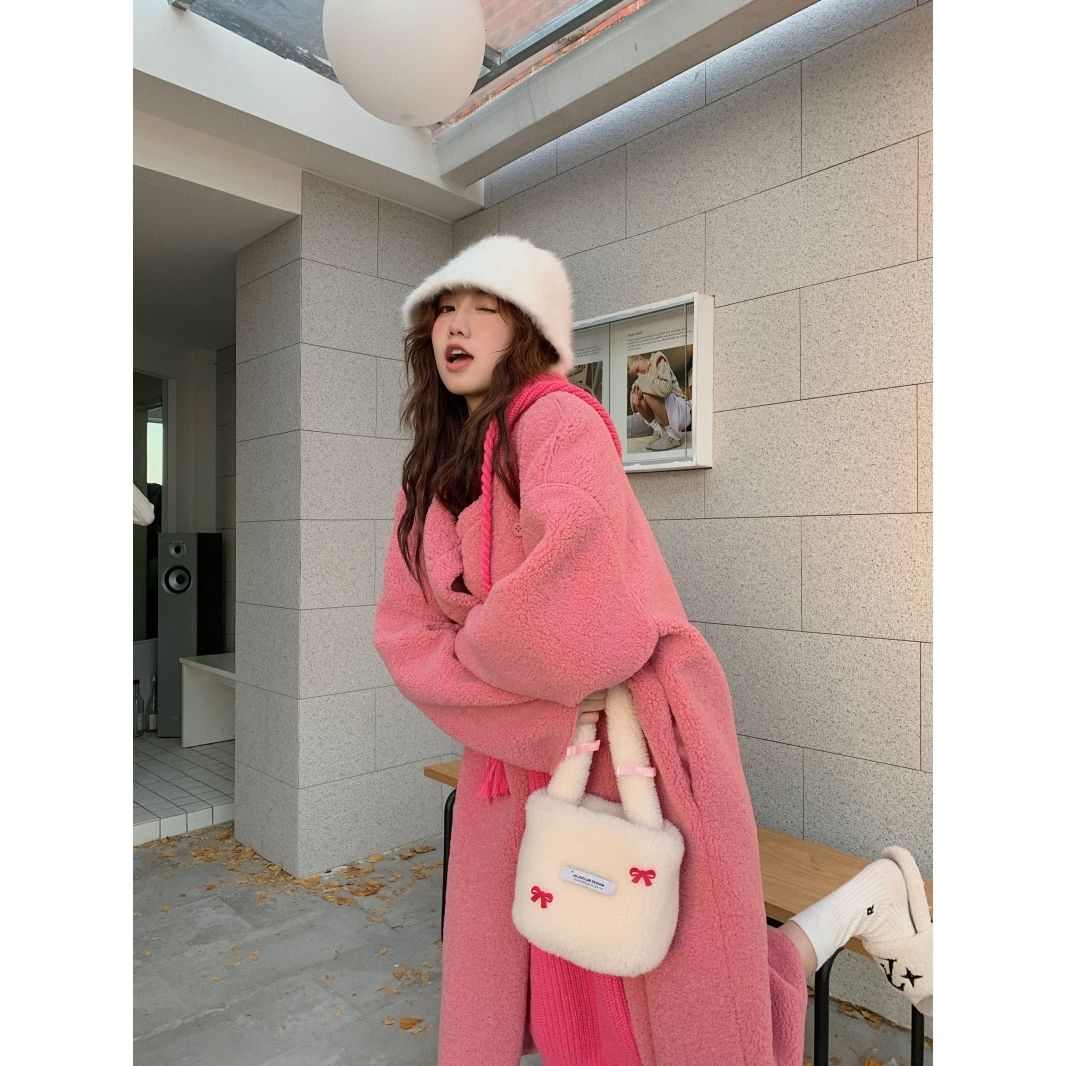 Lazy style suit for women in autumn and winter new thickened long lambswool windbreaker jacket hooded knitted dress