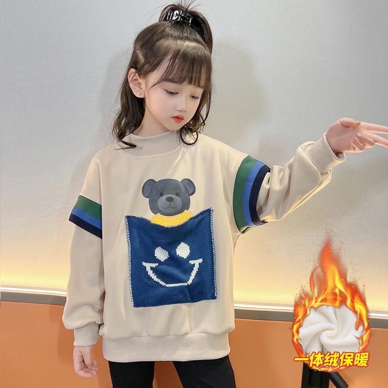 Girls' autumn and winter clothes with fleece and thickened sweater  new big children's winter foreign style fashionable children's pullover top