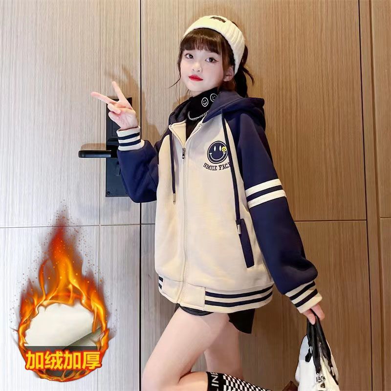 Girls' coat plus fleece  autumn and winter new style female middle school big children's foreign style winter clothes thickened hooded sweater cardigan top