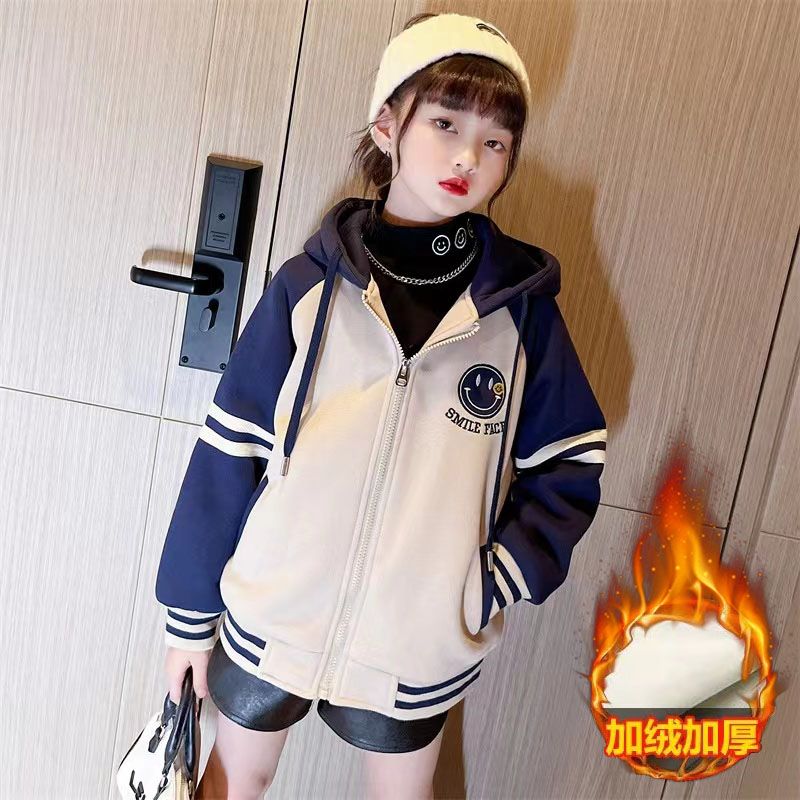 Girls' coat plus fleece  autumn and winter new style female middle school big children's foreign style winter clothes thickened hooded sweater cardigan top