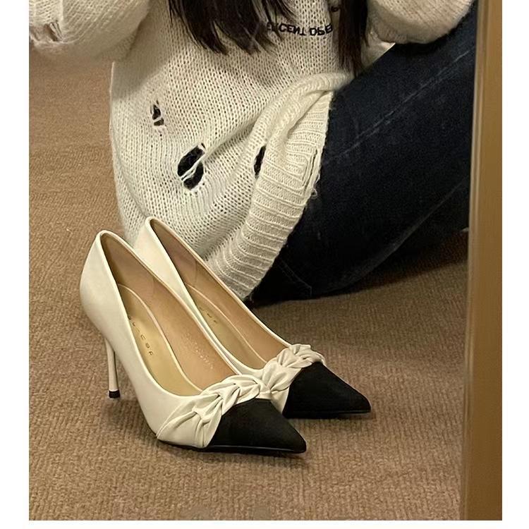 小香風細跟成人禮高跟鞋女2022秋冬新款尖頭氣質小眾設計拼色單鞋