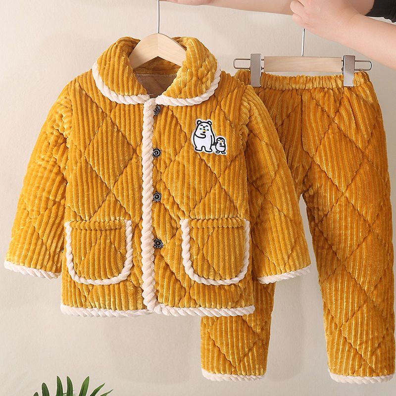儿童睡衣加厚女孩冬季法兰绒家居服套装小男童三层夹棉加绒珊瑚绒