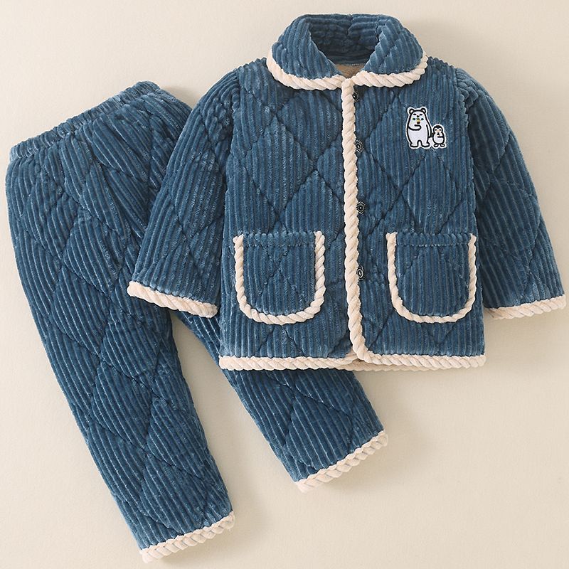 冬季儿童睡衣加厚女孩法兰绒家居服套装小男童三层夹棉加绒珊瑚绒