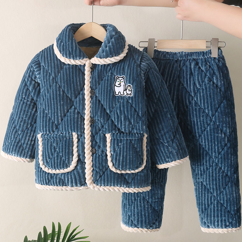 冬季儿童睡衣加厚法兰绒家居服套装男童小女孩三层夹棉加绒珊瑚绒
