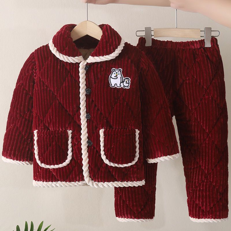 冬季儿童睡衣加厚女孩法兰绒家居服套装小男童三层夹棉加绒珊瑚绒