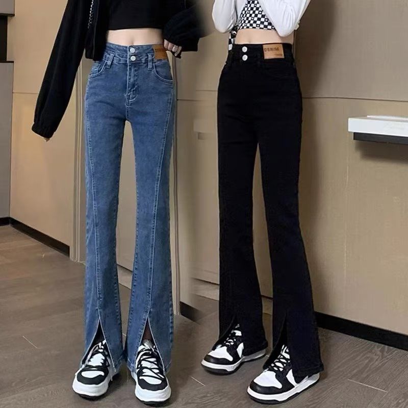 開叉牛仔褲女春秋2023年新款小個子高腰彈力緊身顯瘦拖地微喇叭褲