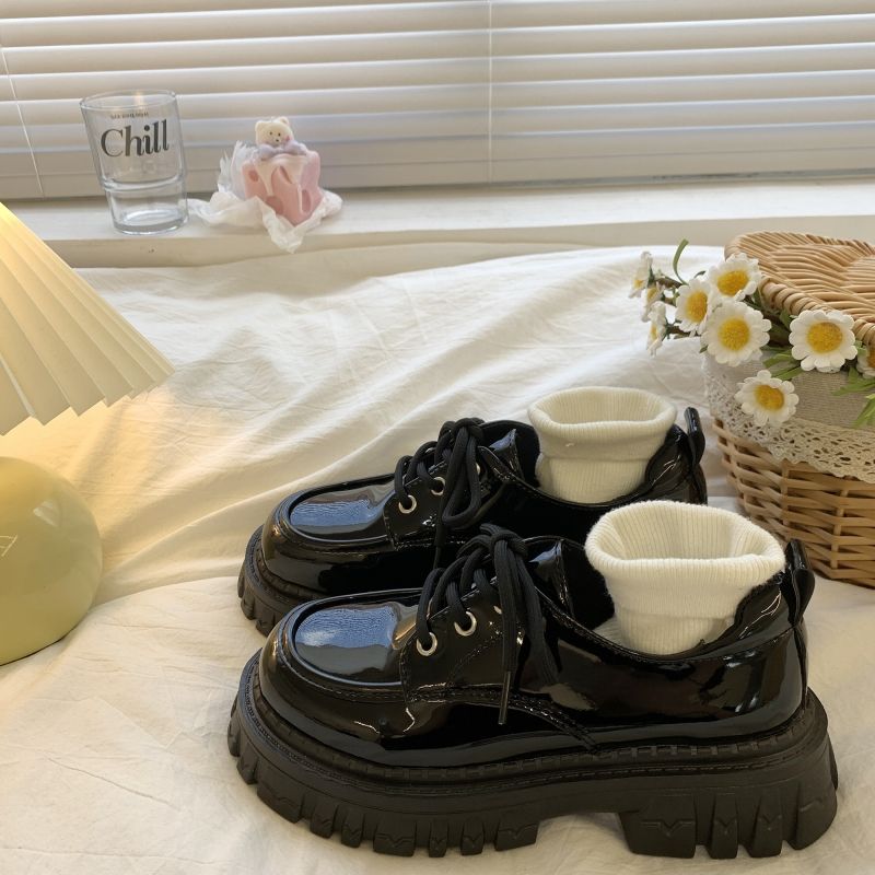 Black thick-soled heightening lace-up British style small leather shoes for women 2022 autumn and winter new style retro versatile plus velvet singles