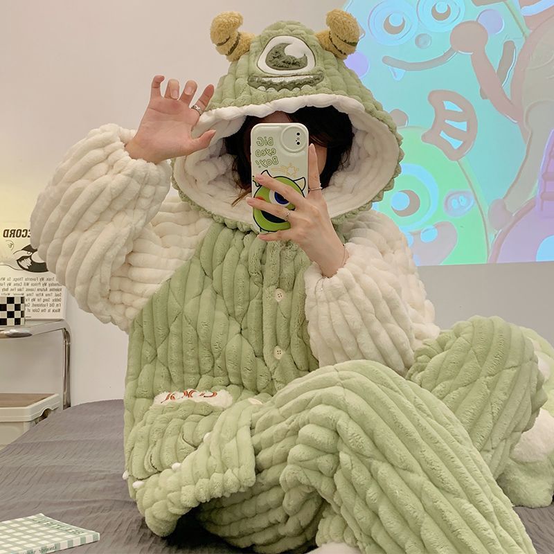 可外穿家居服女士加絨加厚珊瑚絨保暖法蘭絨套裝睡衣三層夾棉冬季