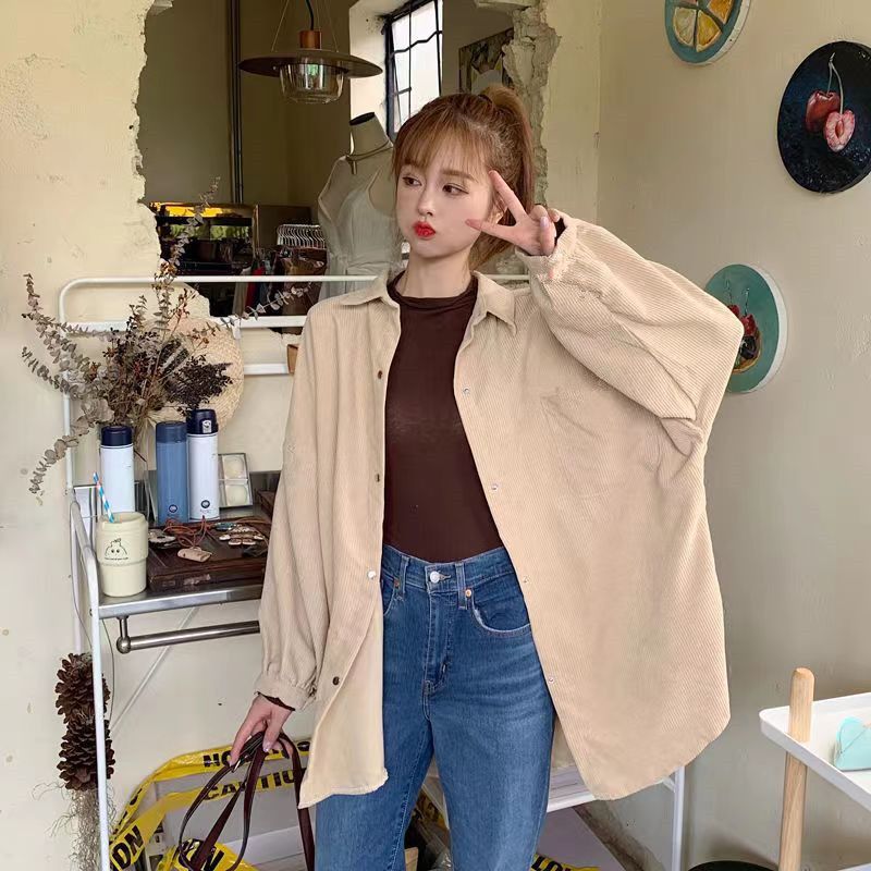 Corduroy shirt women's spring loose Korean version ins retro long-sleeved shirt design niche Hong Kong style Chic jacket