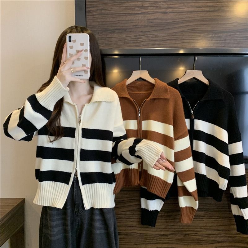 Autumn and winter 2023 new contrast striped polo collar zipper long-sleeved sweater knitted top women's cardigan jacket
