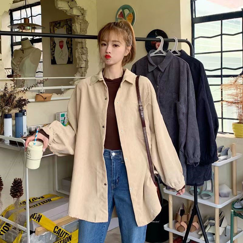 Corduroy shirt women's spring loose Korean version ins retro long-sleeved shirt design niche Hong Kong style Chic jacket