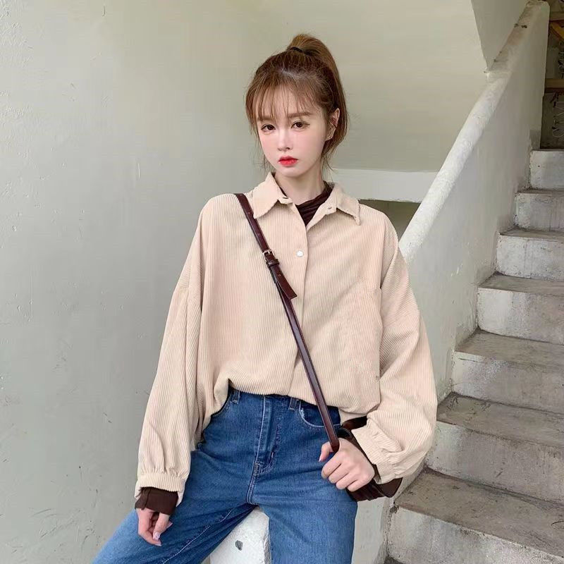 Corduroy shirt women's spring loose Korean version ins retro long-sleeved shirt design niche Hong Kong style Chic jacket