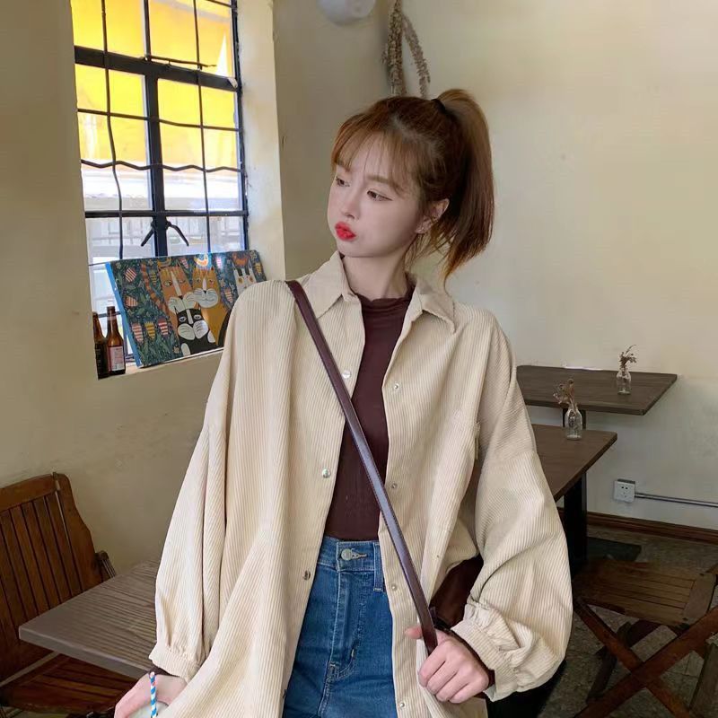 Corduroy shirt women's spring loose Korean version ins retro long-sleeved shirt design niche Hong Kong style Chic jacket