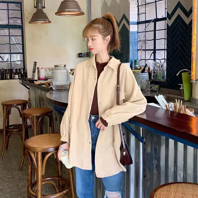 Corduroy shirt women's spring loose Korean version ins retro long-sleeved shirt design niche Hong Kong style Chic jacket