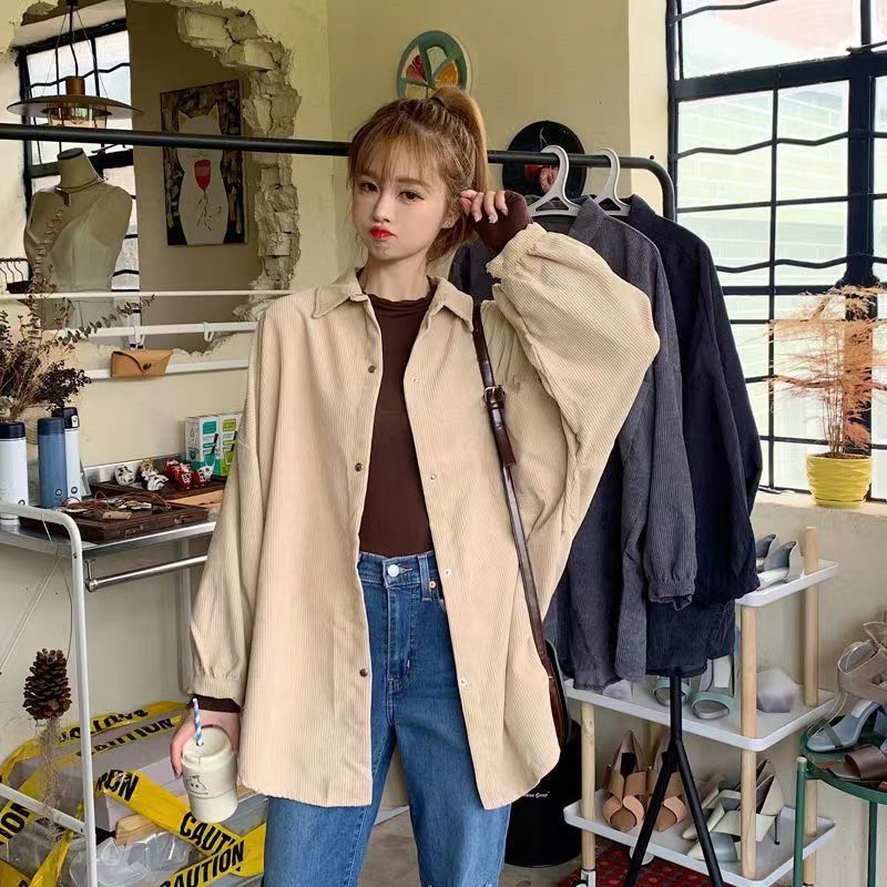 Corduroy shirt women's spring loose Korean version ins retro long-sleeved shirt design niche Hong Kong style Chic jacket