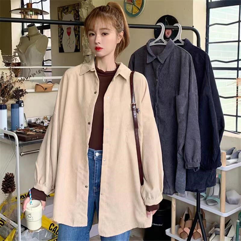 Corduroy shirt women's spring loose Korean version ins retro long-sleeved shirt design niche Hong Kong style Chic jacket