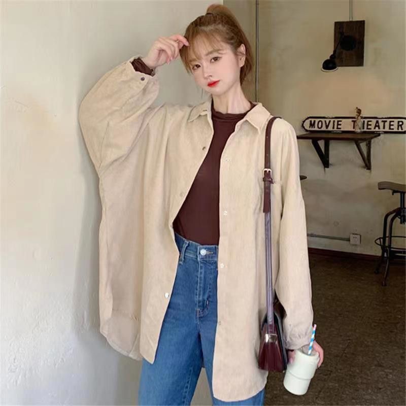 Corduroy shirt women's spring loose Korean version ins retro long-sleeved shirt design niche Hong Kong style Chic jacket