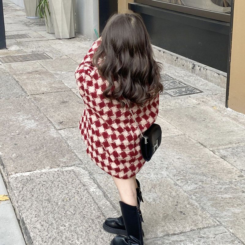 Children's western-style coat 2022 winter new girls' red annual clothing children's thickened quilted Korean style plaid coat