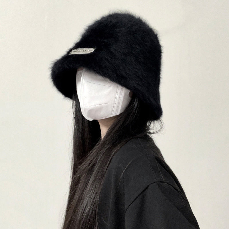 2022 Hot Style Black Rabbit Plush Fisherman Hat Women’s Autumn and Winter Japanese Versatile Plain Face-Showing Small Bucket Hat