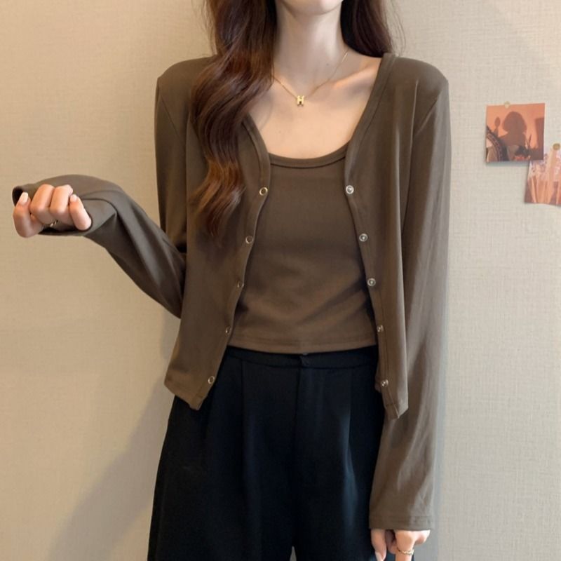 Pure desire style U-neck slim fit and thin camisole outer layered wear small short cardigan two-piece women's autumn clothing