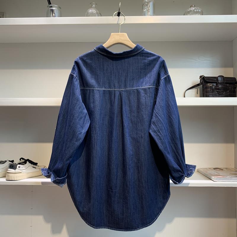 Retro dark blue denim shirt women's long-sleeved  autumn new loose casual Hong Kong style mid-length jacket