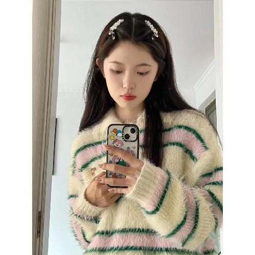 條紋仿貂毛針織衫女秋冬新款慵懶風甜美上衣可愛多巴胺polo領毛衣