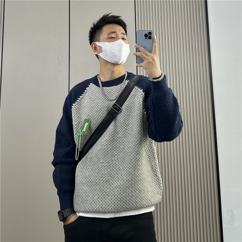 MYT毛衣男秋冬潮牌拼接撞色加厚寬鬆潮牌ins針織衫潮流百搭打底衫