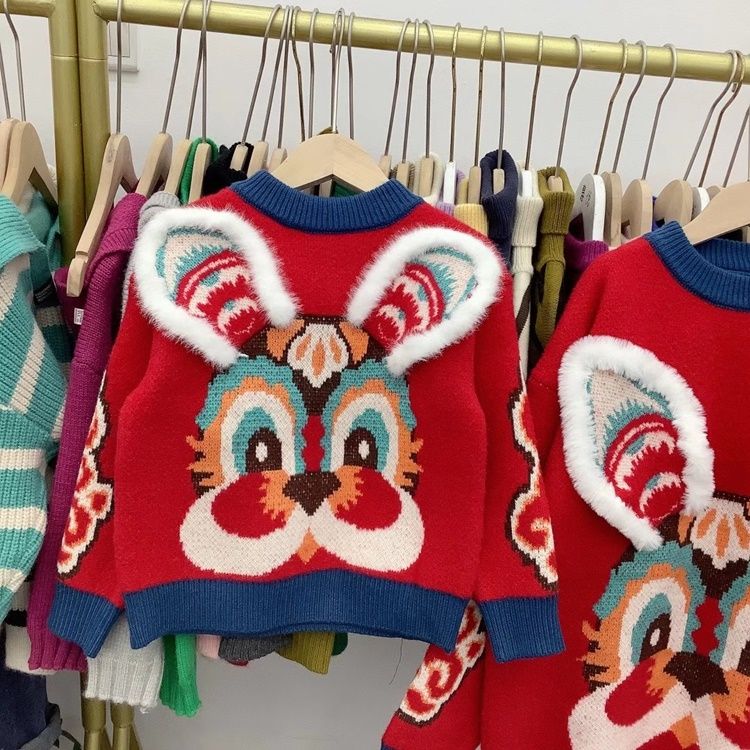 儿童兔兔毛衣2023兔年亲子装水貂绒加绒加厚红色拜年服冬针织上衣