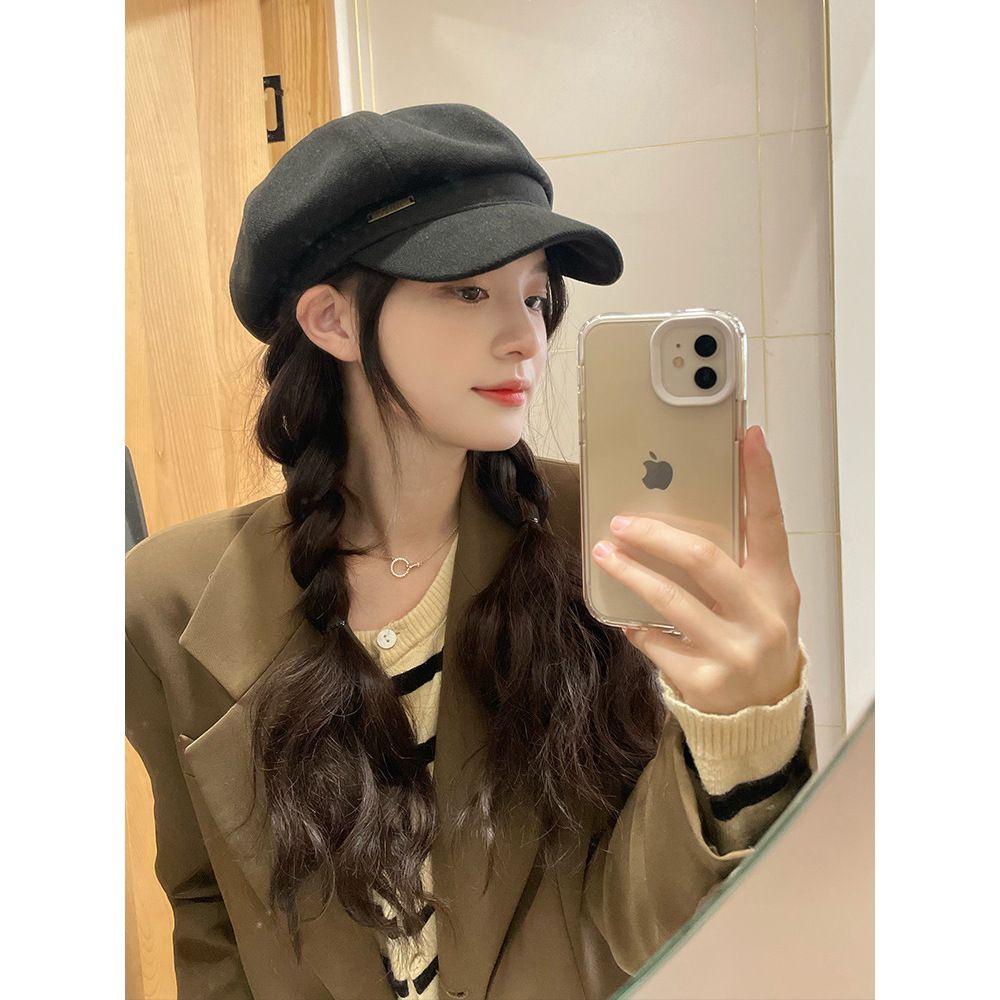 Japanese new style face-showing small black beret women's autumn and winter literary retro octagonal hat big head circumference painter hat fashion